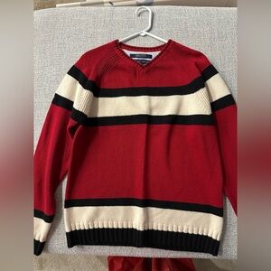 Preppy Vintage Tommy Hilfiger V Neck Red and Cream Sweater